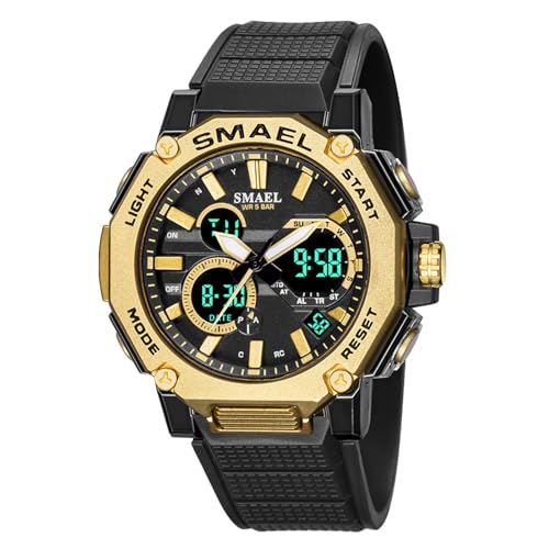 SMAEL Armbanduhr Herren Edelstahl, Große Armbanduhr 5ATM wasserdichte Stoßsicher Analog-Digital Stoppuhr Multifunktionale Sportuhren für Männer Jungen,Black Gold von SMAEL