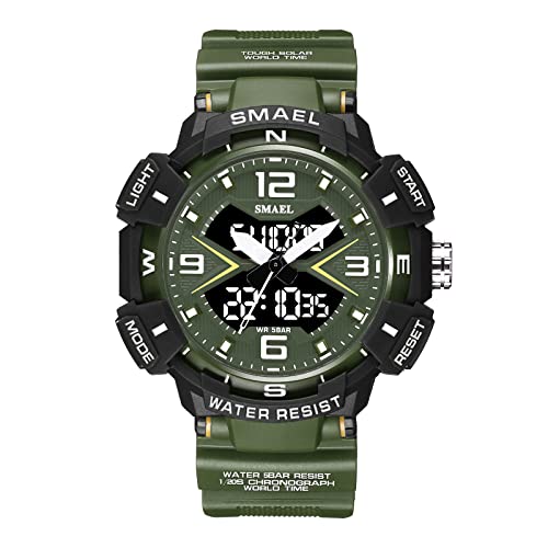 SMAEL Digital wasserdichte Armbanduhr, Sport 5ATM Schwimmen Digitaluhren mit Alarm, Stoppuhr, Beleuchtete Herren Army Armbanduhr,Army Green von SMAEL