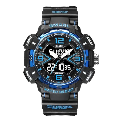 SMAEL Digital wasserdichte Armbanduhr, Sport 5ATM Schwimmen Digitaluhren mit Alarm, Stoppuhr, Beleuchtete Herren Army Armbanduhr,Black Blue von SMAEL