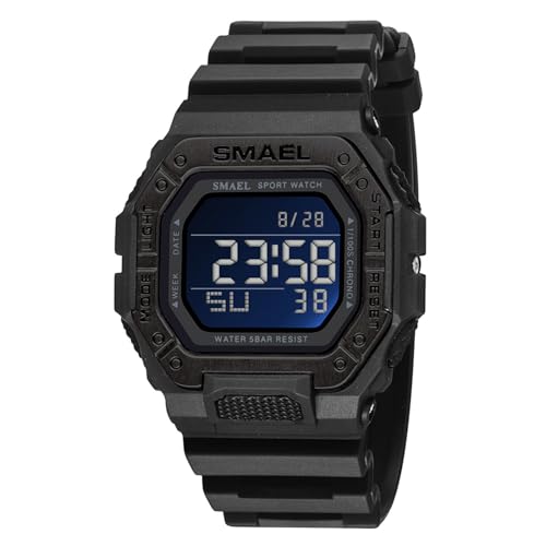 SMAEL Große Armbanduhr, Sport Digital Uhren Herren 50m Wasserfest Stoßsicher mit Leuchtende Funktion Große Zifferblatt Militär Tactical Armbanduhr,Schwarz von SMAEL