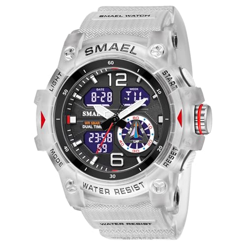 SMAEL Herren Uhren, Outdoor Digitaluhren Mit Uhrzeit/Kalender, Laufender Sekundenmodus, Alarmgong, Leuchtanzeige Sport MilitäR GroßE Armbanduhr,Weiß von SMAEL