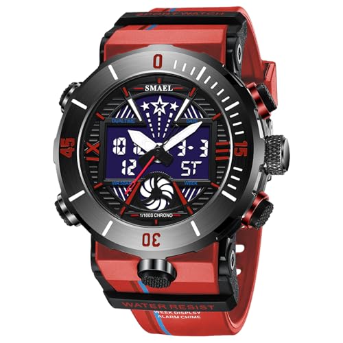 SMAEL Militär Uhr Herren Armbanduhr, Digital Sport Herrenuhr 5 ATM Wasserdicht Military Tactical Outdoor Watch mit Stoppuhr Wecker,Rot von SMAEL