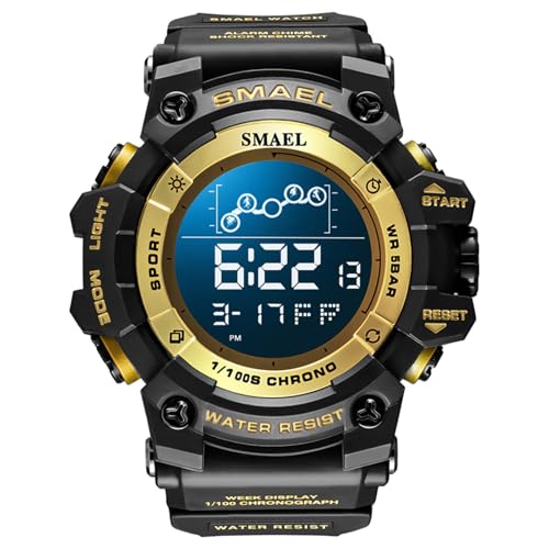 SMAEL Modische Herrenuhr Digitaluhr, Groß Armbanduhr Mit Leuchtfunktion 50M Wasserdicht Herren Sport Militär Uhr,Black and Gold von SMAEL