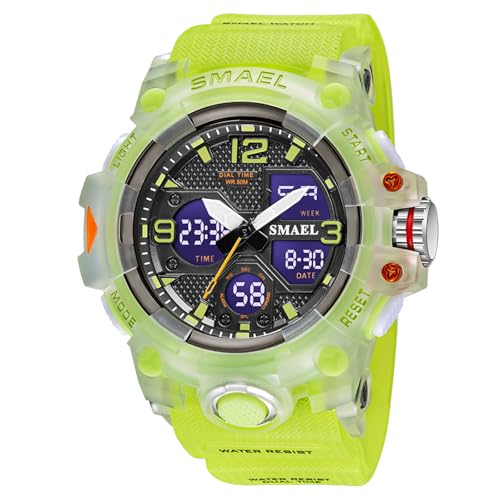 SMAEL Outdoor Sport MilitäR Tactical Armbanduhr, 5atm Wasserdicht Armbanduhr Herren mit Leuchtender Funktion GroßEs Analog-Digital Quarz Uhr,Fluorescent Green von SMAEL