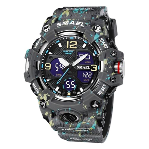 SMAEL Sport MilitäR Armbanduhr, Outdoor Digitaluhren Mit Uhrzeit/Kalender, Laufender Sekundenmodus, Alarmgong, Leuchtanzeige,Camouflage Gray von SMAEL