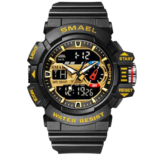 SMAEL Sport MilitäR GroßE Armbanduhr, Outdoor Digitaluhren Mit Uhrzeit/Kalender, Laufender Sekundenmodus, Alarmgong, Leuchtanzeige,Black Gold von SMAEL