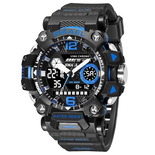 SMAEL Sportuhr Herren Digital, 50M wasserdichte Digitaluhren mit Datum, Alarm, Leuchtkraft, Stoppuhr, Army Armbanduhr für Herren Damen,Black Blue von SMAEL