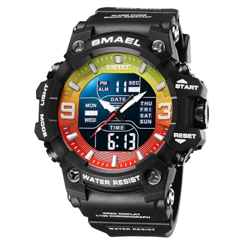 SMAEL Uhr Herren Digitaluhr, Outdoor Tactical Watch Military 5 ATM Wasserdicht Stoppuhr Sport Männer Junge Armbanduhr mit Alarm LED Kalender Countdown Chronograph,Black red and Green von SMAEL