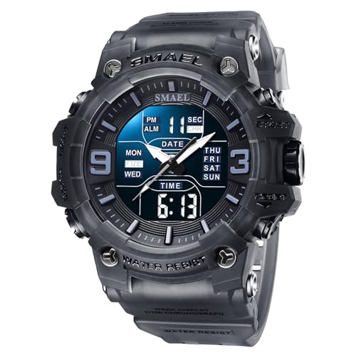 SMAEL Uhr Herren Digitaluhr, Outdoor Tactical Watch Military 5 ATM Wasserdicht Stoppuhr Sport Männer Junge Armbanduhr mit Alarm LED Kalender Countdown Chronograph,Transparent Gray von SMAEL