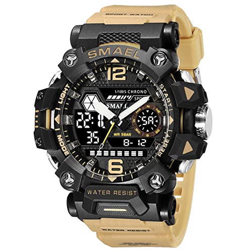 SMAEL Wasserdicht LED Harz Armbanduhr, Herren Digitale Armbanduhr, Military Sport Analog-Digital Chronograph Uhren für Männer,Beige von SMAEL