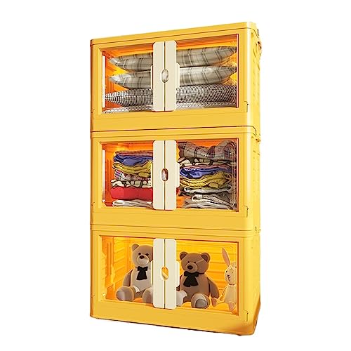 SMBAOFUL Gelbe zusammenklappbare Aufbewahrungsbehälter, transparente, stapelbare, Faltbare Kunststoff-Aufbewahrungsbox mit Doppeltür und Rädern, Organizer-Behälter für Kleidung, Spielzeug, Snacks, von SMBAOFUL