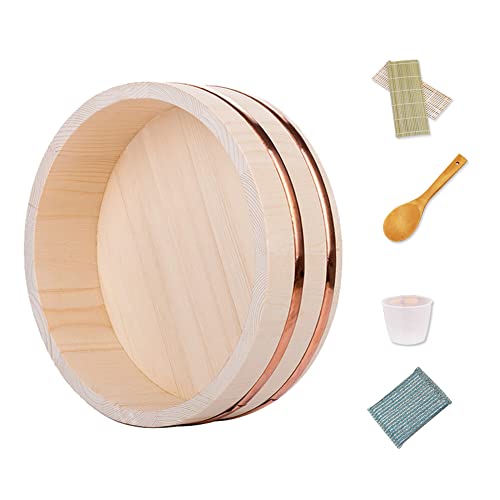 SMBAOFUL Sushi Oke Reismischwanne, hölzerne Sushi-Reisschale mit 4-teiligem Sushi-Zubereitungs-Servierzubehör-Set – 12 Größen/Holz / 17,7 x 4,3 Zoll von SMBAOFUL