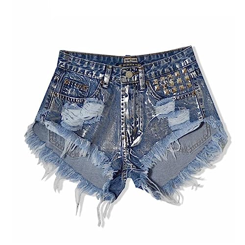Harajuku-Denim-Super-Shorts Für Damen, Sexy Hohe Taille, Knopftaschen, Punk-Nieten, Zerrissene Hotpants, Persönlichkeit, Reißverschluss, Schlanke, Gewaschene A-Linie, Streetwear-Denim-Shorts, Bl Harajuku-Denim-Super-Shorts Für Damen, Sexy Hohe Taille, Knopftaschen, Punk-Nieten, Zerrissene Hotpants, Persönlichkeit, Reißverschluss, Schlanke, Gewaschene A-Linie, Streetwear-Denim-Shorts, Bl von SMBHIAON