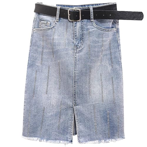 Jeansröcke Für Damen, Lässiger, Einfarbiger, Angesagter A-Linie-Jeansrock Mit Paillettennähten, Modisch, Große Größe Mit Taschen Vorne, Geteilter Denim-Stretchrock In Distressed-Waschung, Blau, L von SMBHIAON