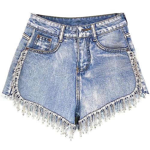 SMBHIAON Ultrakurze Denim-Shorts Mit Tasche Für Damen, Modisch, Einfarbig, Strass-Quaste, Hohe Taille, Einzelne Schnalle, Schmale Kurze Jeans, Harajuku Distressed Hotpants, Kurze Sommerhose, Blau, L SMBHIAON Ultrakurze Denim-Shorts Mit Tasche Für Damen, Modisch, Einfarbig, Strass-Quaste, Hohe Taille, Einzelne Schnalle, Schmale Kurze Jeans, Harajuku Distressed Hotpants, Kurze Sommerhose, Blau, L von SMBHIAON