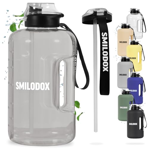 SMILODOX Trinkflasche 2,2 Liter - Extra Stark große Wasserflasche - BPA-frei, Sportflasche + Strohhalm (2 Deckel) Ideal für Fitnessstudio, Bodybuilding, Outdoor-sport, Wandern & Büro von SMILODOX