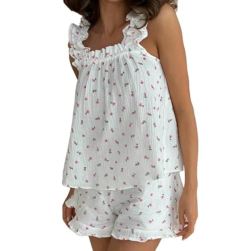 Pyjama Frauen Gekräuselte Herzdruck Baumwolle Lose Weste Shorts Pyjamas Zweiteiliger Set-Aa-M von SMMZRF