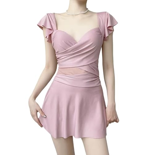 SMMZRF Badeanzug Damen Sexy Einteiler Badeanzug Plissee V-Ausschnitt Hohe Taille Strandmode Einteiliges Kleid-Rosa-L von SMMZRF