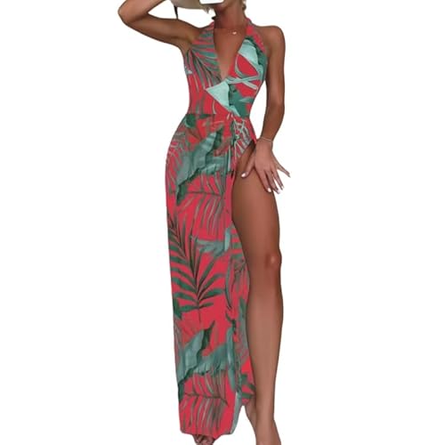 SMMZRF Badeanzug Einteiliger Neckholder-Badeanzug Und Strandkleid Mit Botanischem Aufdruck, Sexy Bademode Für Damen-Rot-XL von SMMZRF