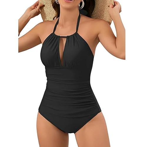 SMMZRF Badeanzug Trägerlose Hohle Badeanzug Damen Rüschen Einteiler Sexy Retro Badeanzug Bademode-Schwarz-M von SMMZRF