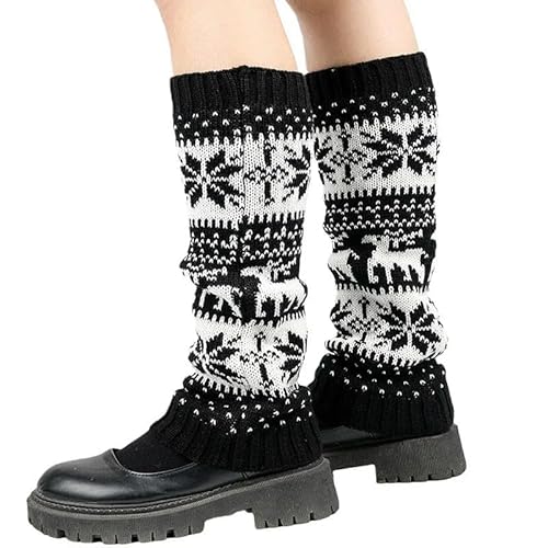 SMMZRF Beinwärmer Winter Frauen Schneeflocken -Hirsch -Strickbein Bedeckt Mode Warme Dicke Weihnachtswolle Socken-Schwarz von SMMZRF