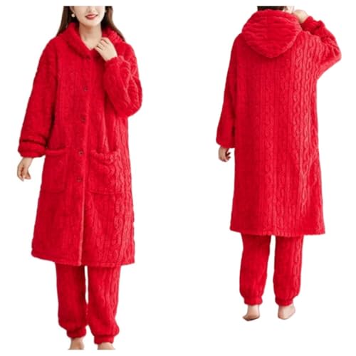 SMMZRF Damen-Pyjama Aus Fleece Mit Kapuze, Großer Winter-Flanell-Pyjama, Pyjama, Heimkleidung-Rot-XXL von SMMZRF