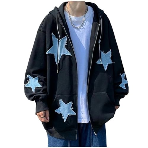 SMMZRF Kapuzenpullover Frauen Star Patch Zip-Up Hoodie Übergroße Y2K Sweatshirt Jacke Pullover Streetwear-Schwarz-L von SMMZRF