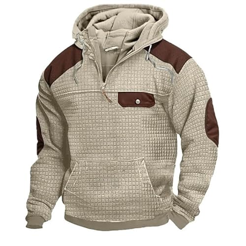 SMMZRF Kapuzenpullover Herren-Kapuzenpullover Mit Vintage-Patchwork Und Waffel-Fleece-Futter, Lockerem Reißverschluss-Khaki-XL von SMMZRF