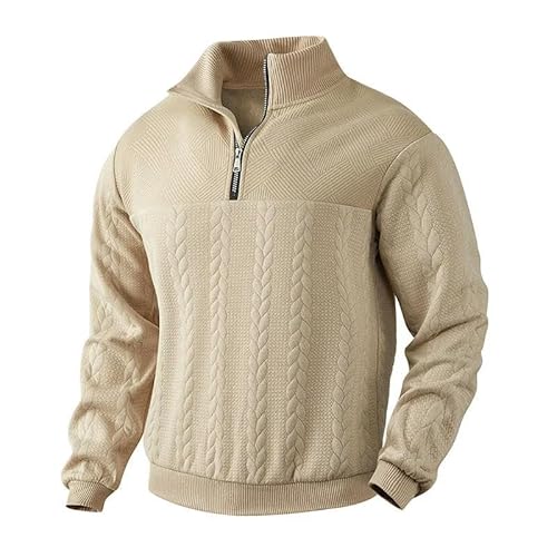 SMMZRF Kapuzenpullover Lässiger Stehkragen-Reißverschlusspullover, Locker Gestrickter Langarmpullover Für Herren-Khaki-XL von SMMZRF