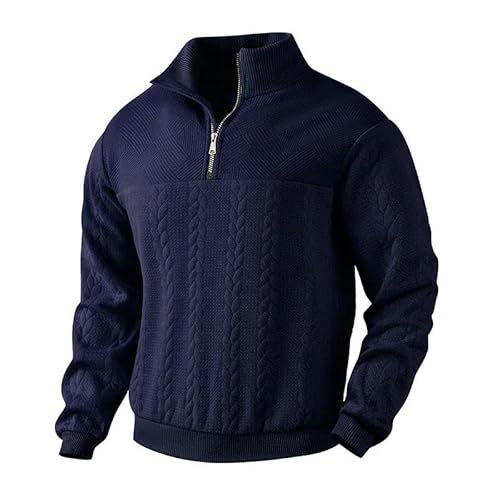 SMMZRF Kapuzenpullover Lässiger Stehkragen-Reißverschlusspullover, Locker Gestrickter Langarmpullover Für Herren-Marineblau-XXL von SMMZRF