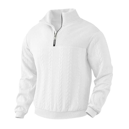 SMMZRF Kapuzenpullover Lässiger Stehkragen-Reißverschlusspullover, Locker Gestrickter Langarmpullover Für Herren-Weiss-XXXL von SMMZRF