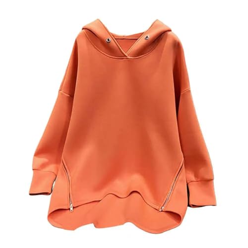 SMMZRF Kapuzenpullover Langärmliger, Einfarbiger, Lockerer Pullover-Hoodie Für Damen Mit Reißverschluss-Orange-L von SMMZRF