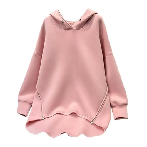 SMMZRF Kapuzenpullover Langärmliger, Einfarbiger, Lockerer Pullover-Hoodie Für Damen Mit Reißverschluss-Rosa-M von SMMZRF