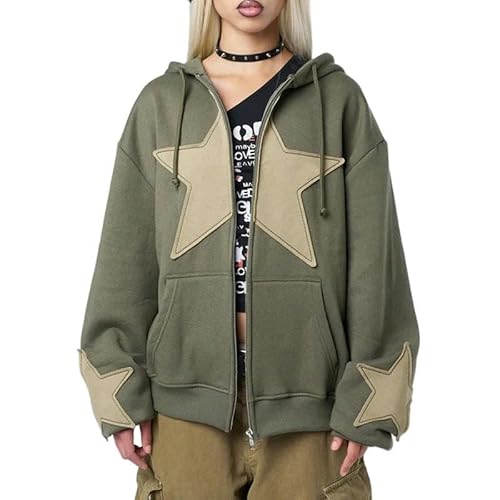 SMMZRF Kapuzenpullover Retro Star Print Hoodie Damen Casual Loose Langarm Zip Tie Sweatshirt Jacke-Grün-M von SMMZRF