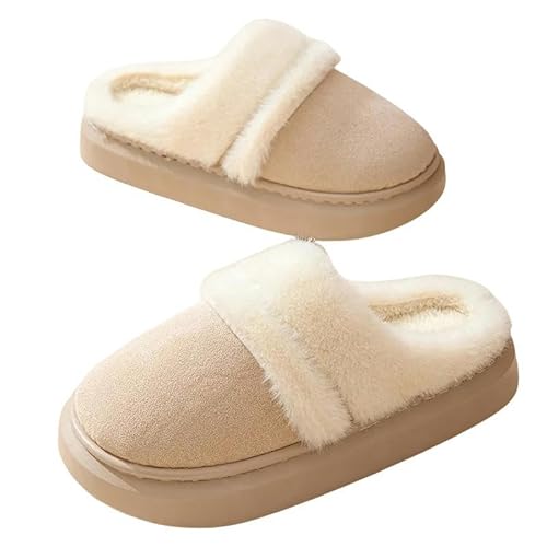 SMMZRF Plüschhausschuhe Damen Baotou Plüsch-Hausschuhe, Winter, Warm, rutschfest, Für Zuhause, Baumwolle-Beige-36-37 （Fit35-36） von SMMZRF