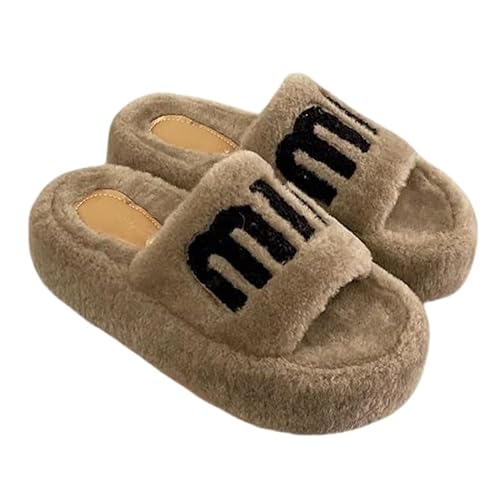 SMMZRF Plüschhausschuhe Wollpantoffeln Für Frauen Mit Dick Löslichen Flip-Flops Hauswatteschuhe Flache Hausschuhe-Khaki-36 von SMMZRF