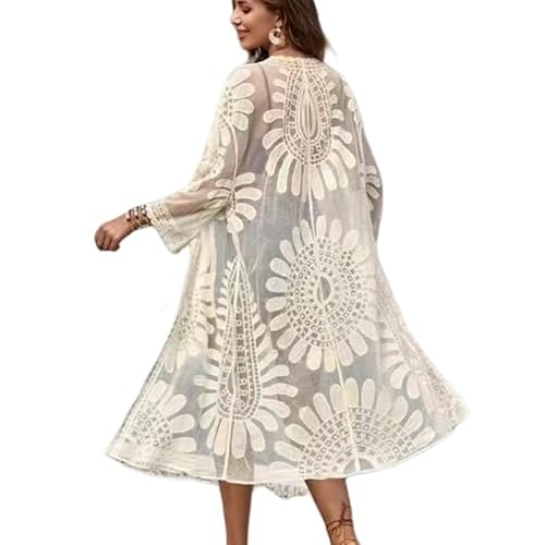 Strandkleid Sommer Strand Mesh Cape Frauen Badeanzug Spitze Cardigan Kimono Beachwear Urlaub Abdecken-Beige von SMMZRF