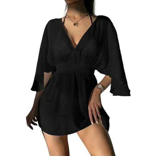 Strandkleid Damen Transparent Mesh Cover Up Einfarbig Kurzarm Strand Cover Up Badeanzug Beachwear-Schwarz-Xs von SMMZRF