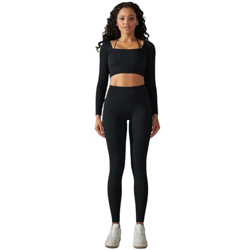 SMYTJSYC Yoga-Anzug für Damen, 2-teilig, Yoga-Hose und T-Shirt, Fitnesskleidung, langärmelig, bauchfreies Top, Fitnessbekleidung, Sportbekleidung, Schwarz, Größe M von SMYTJSYC