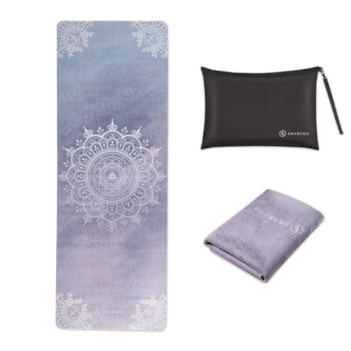 SN KUG Reise-Yogamatte, faltbar, 1/16 Zoll dünne, rutschfeste Yogamatte, leicht, Tragetasche, umweltfreundlich, Naturkautschuk & Wildleder, 183 cm L x 66 cm B x 1.5 mm, Lavendel-Mandala. von SNAKUGA