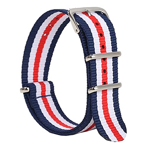 SNHHNSW Strapazierfähiges Nylon-Canvas-Armband, 18 mm, 20 mm, 22 mm, gestreift, modisches Ersatzarmband aus Nylon, passend für Uhrenarmbänder (Farbe: Blau, Weiß, Rot, Größe: 20 mm) von SNHHNSW