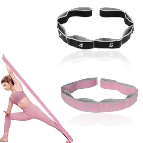 2 Stück Yoga Gurt, Fitnessband mit 8 Schleifen, Yogagurt Gummiband Sport Yoga Stretch Gurt Schlaufenband Gymnastikbänder Pilates Zubehör für Pilates Tanz Gymnastik Effektives Dehnung von SNSYGN