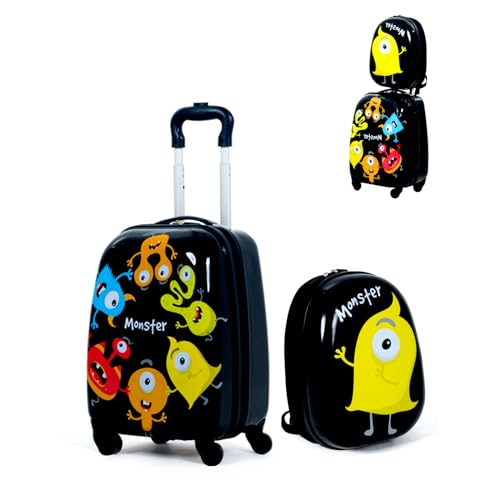 SOARS Kinderkoffer & Rucksack, Kindertrolley mit Rollen & verstellbarem Griff, Koffer Set, Kindergepäck, Reisekoffer Kinder Jungen & Mädchen, für Spielzeug, Kleidung (Monster, 12"+16") von SOARS