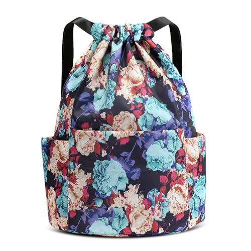 SODOLLEE Damen Rucksack mit Kordelzug Leichtgewicht Fitness Yoga Daypack mit Aufdruck Frauen Turnbeutel Wasserdicht Nylon Sportbeutel für Draussen Urlaub Camping Blume B von SODOLLEE