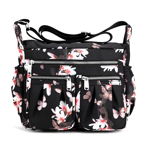 SODOLLEE Umhängetasche Damen Modedruck Schultertaschen Leichtgewicht Frauen Crossbody Bag Mehrere Taschen Nylon Messenger Bag für Einkaufen Reisen Freizeit Blume E von SODOLLEE