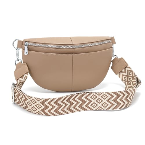 SOGYECS Bauchtasche Damen Khaki 30CM Umhängetasche Damen mittelgroß Gürteltasche Crossbody Bag Damen Brusttasche Leder XL von SOGYECS