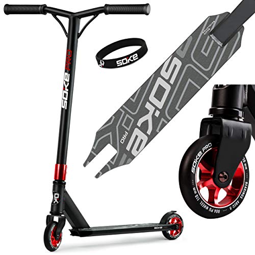 SOKE Stunt Scooter PRO Kick-Scooter mit ABEC 9 Kugellager Tretroller Trick Roller für Erwachsene und Kinder Zweirad Freestyle Cityroller | 2 Räder | Tragkraft 100kg (Schwarz-Rot) von SOKE