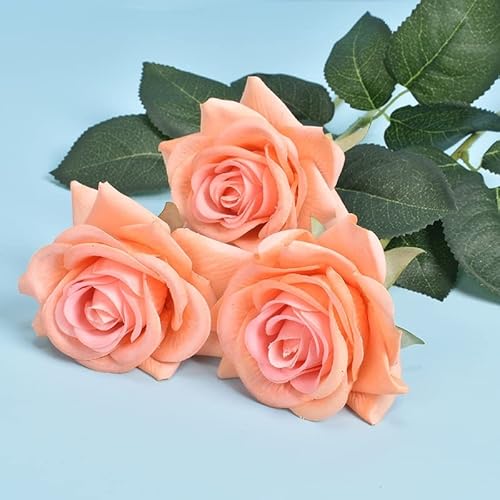 SOLEPOPS Künstliche Rosen, Hochzeitsarrangement, Handstrauß, einhändig gewickelt, feuchtigkeitsspendende Rose, Blumenstrauß zur Heimdekoration, 3 Stück (Farbe: Gelb) (Orange) von SOLEPOPS