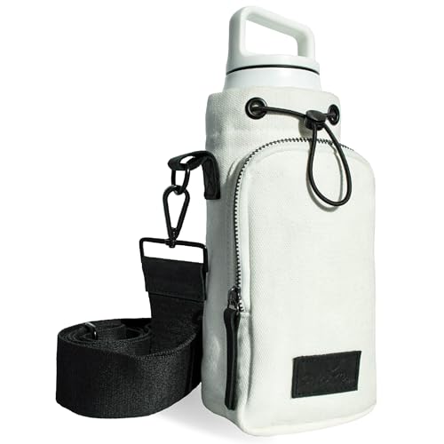 SOLLY AND RUE Wasserflaschenhalter für Spaziergänge, 40 ml, 61 ml, 61 ml, 907 ml, strapazierfähiges Baumwollleinen, echtes Leder, isoliert, Crossbody-Wasserflaschenriemen mit Fronttasche für wichtige von SOLLY AND RUE