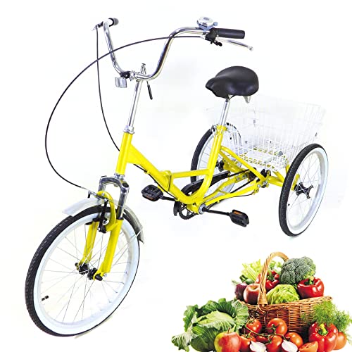 SOLOCJNL 20 Zoll Räder Dreirad für Erwachsene Seniorenrad Erwachsenendreirad faltbar mit Weiß Korb für Erholung, Einkaufen, Picknicks, Reisen von SOLOCJNL